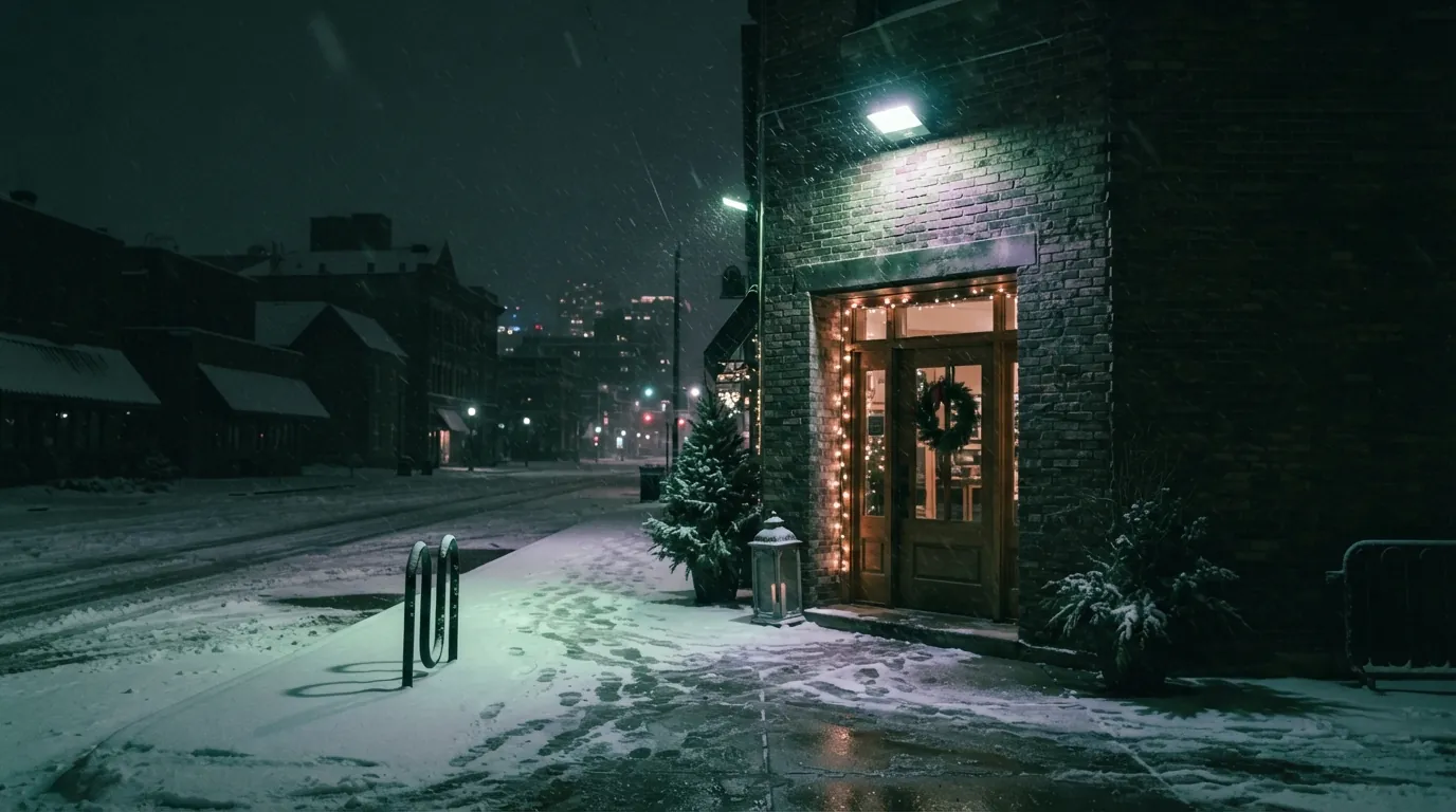 LED wall pack at a Grand Rapids storefront in winter