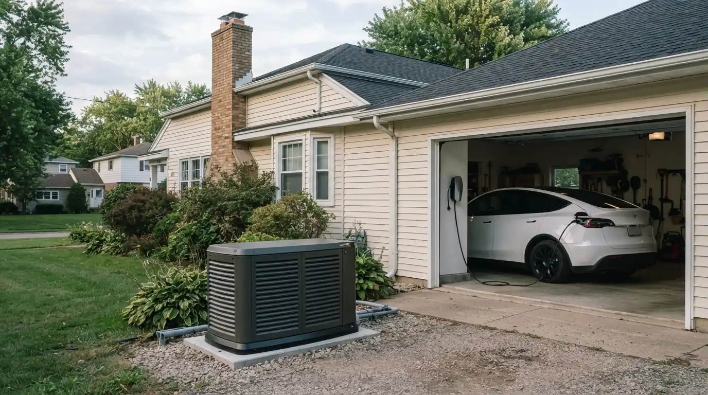 Standby generator beside a house with an EV charging in the garage