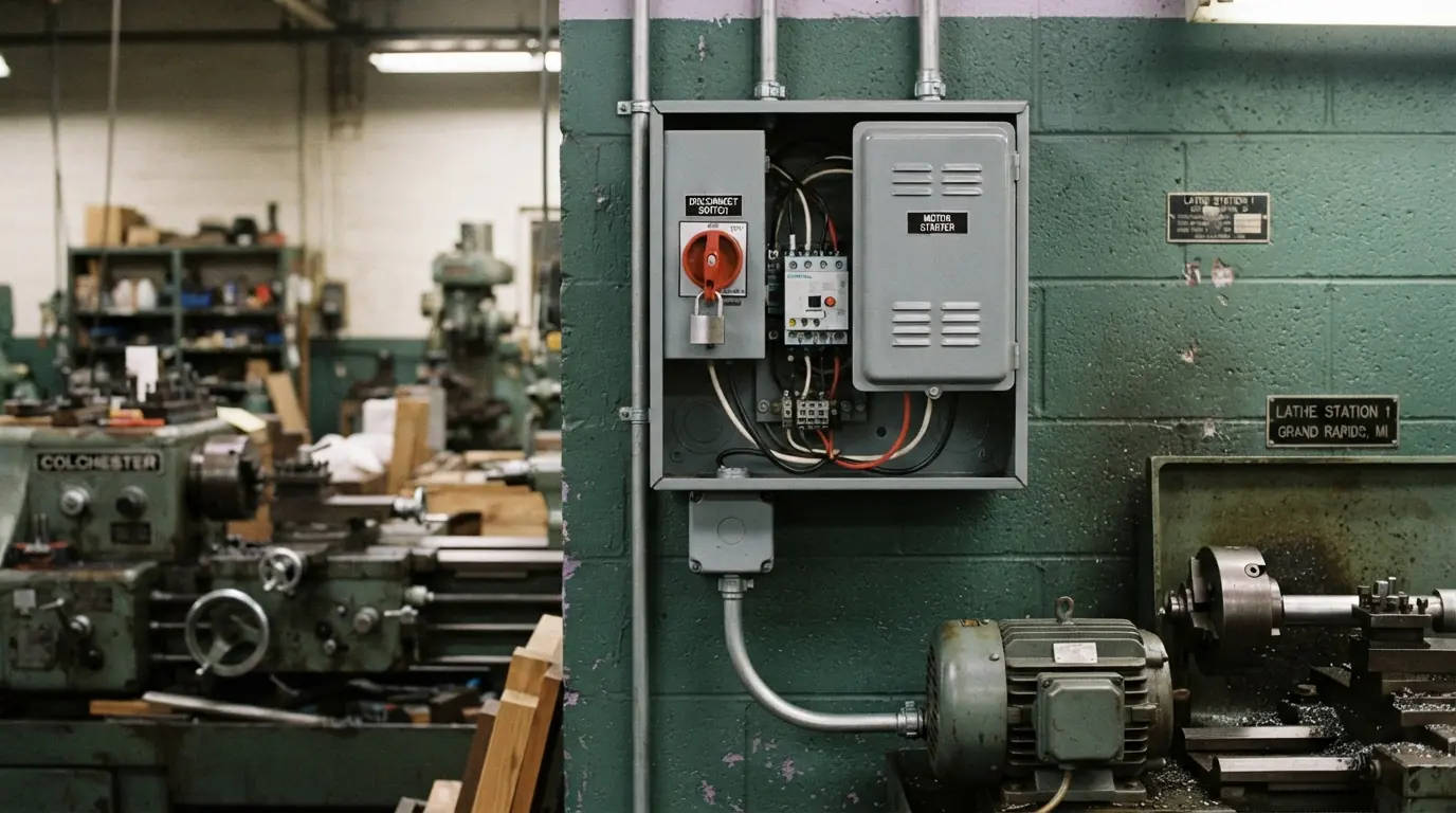 Motor starter and disconnect for a lathe in a Grand Rapids machine shop
