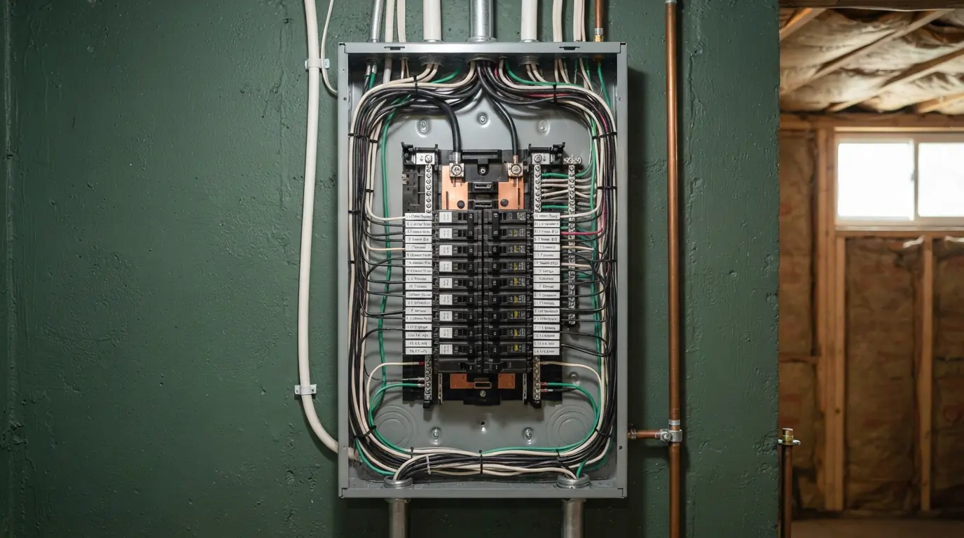 New 200 amp breaker panel with labeled circuits in a Grand Rapids house
