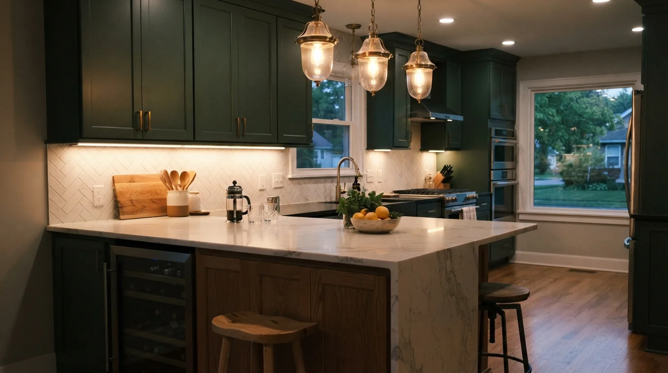 Kitchen island with pendant lights and under-cabinet strips in a Grand Rapids home