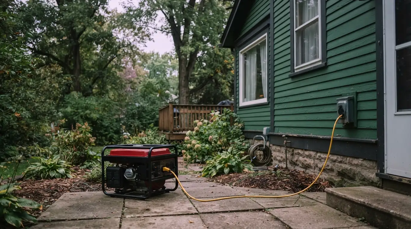Portable generator connected to an outdoor inlet box at a Grand Rapids home