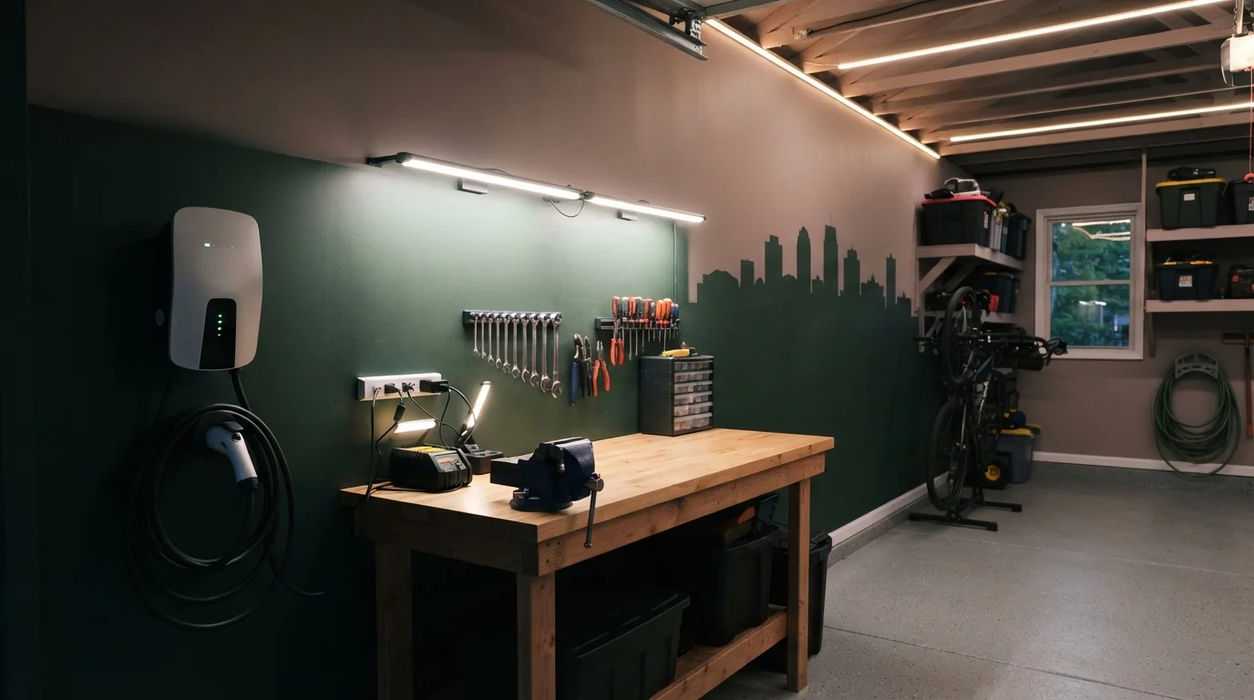 Garage wired with a Level 2 EV charger, bench outlets and LED lights
