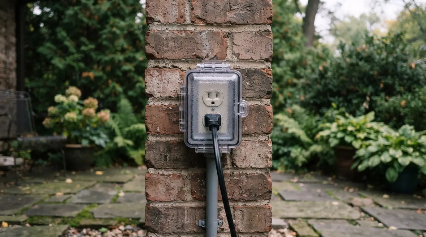 Exterior outlet with in-use cover on a Grand Rapids patio