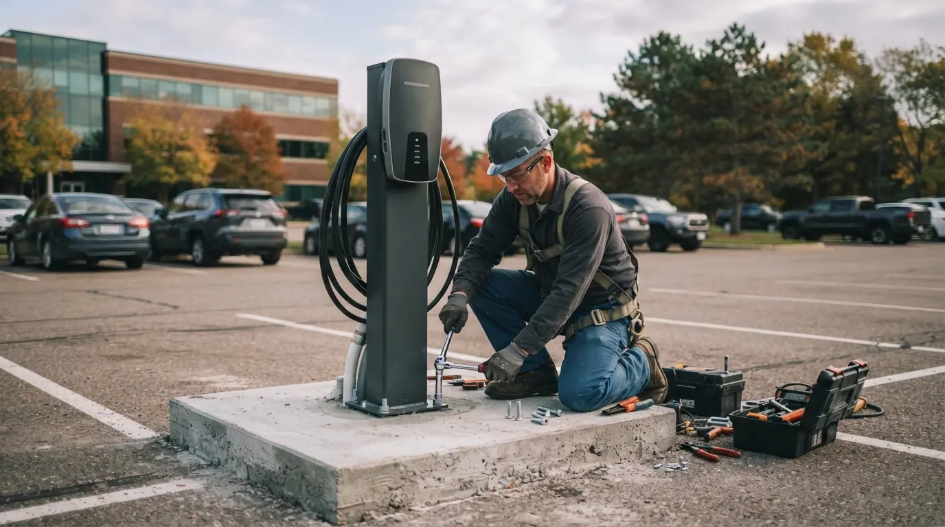 Electrician installing a commercial Level 2 charger in a Grand Rapids parking lot