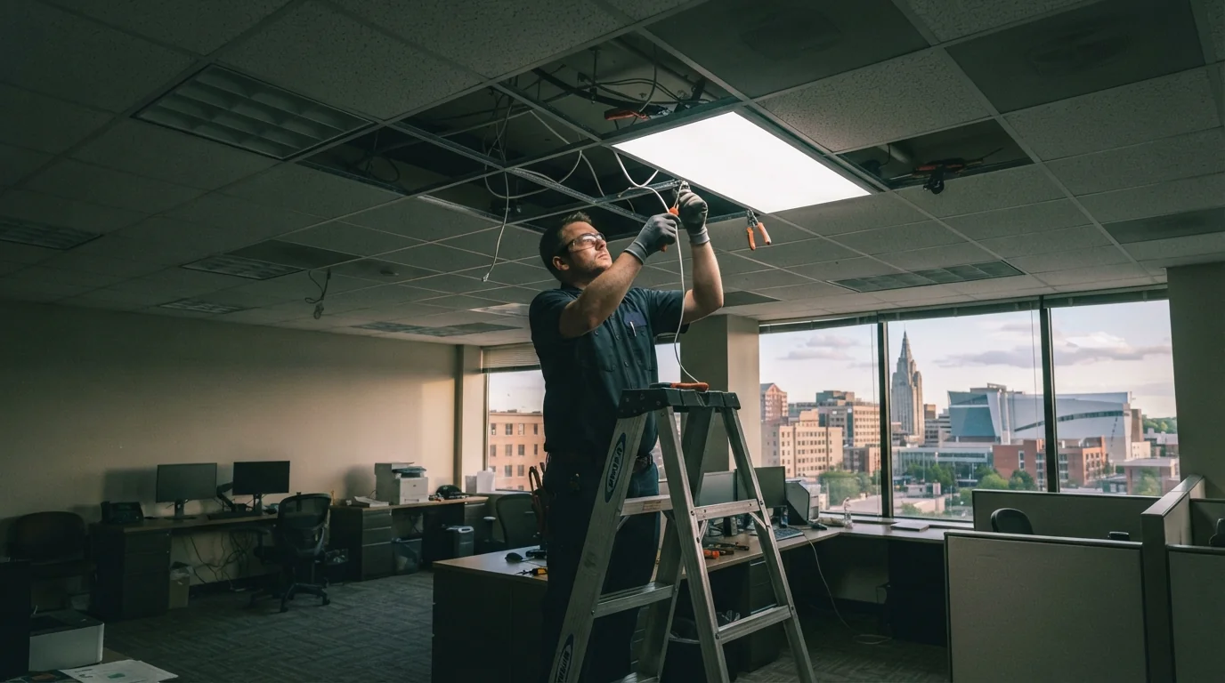 Electricians retrofitting office lighting in a Grand Rapids area building