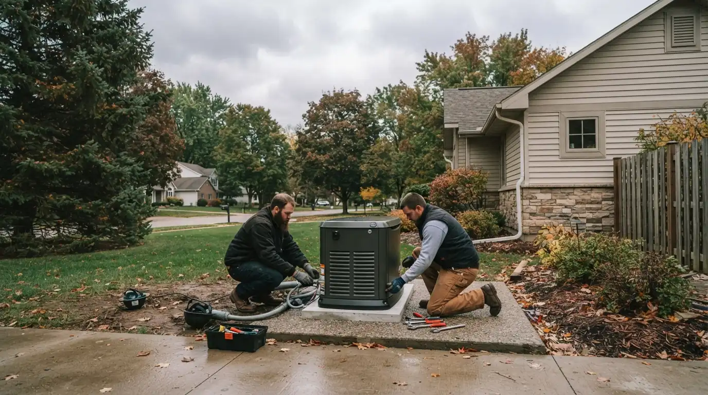 Crew setting a standby generator on a pad beside a Grand Rapids area home