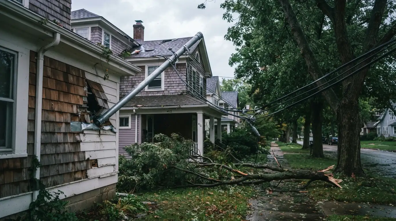Storm-bent service mast on a Grand Rapids house