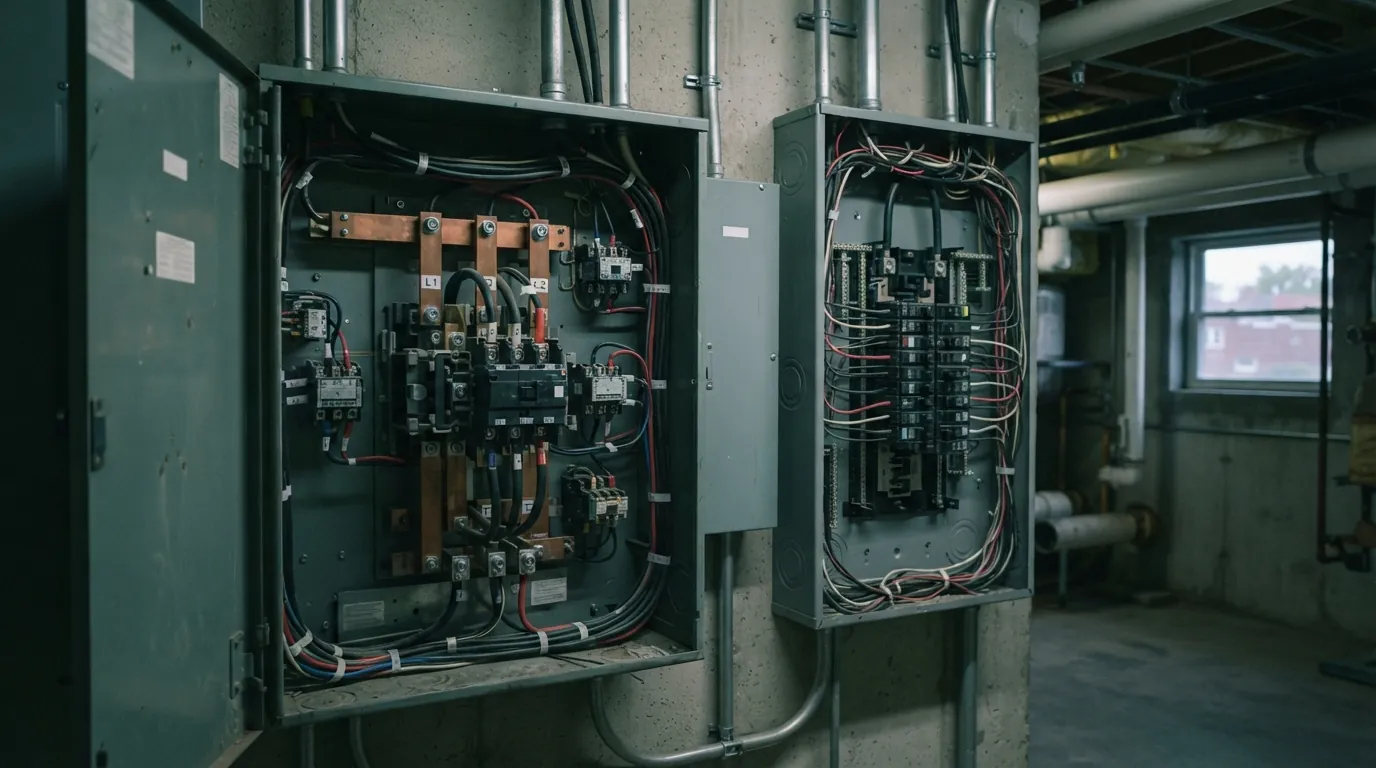 Automatic transfer switch wiring beside a Grand Rapids main panel