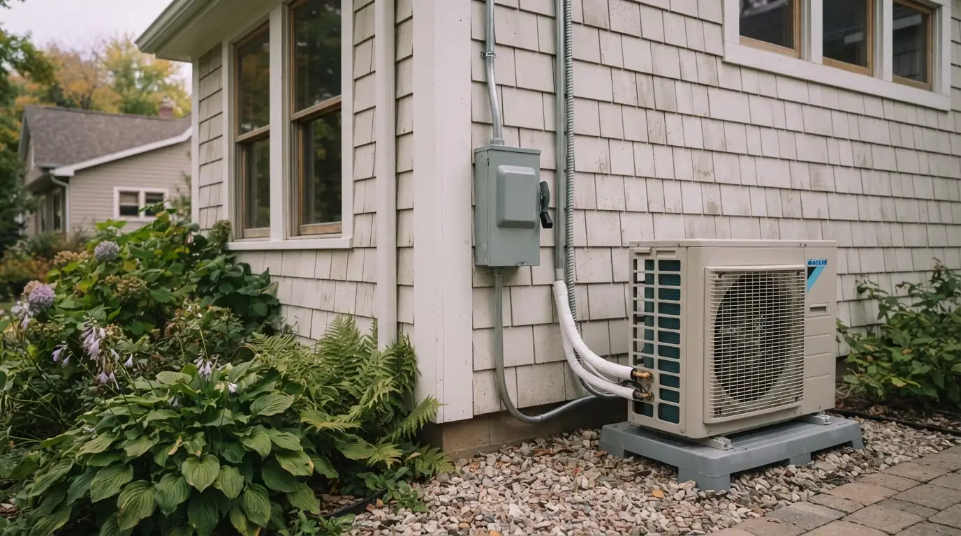 Heat pump disconnect beside a mini-split condenser in Grand Rapids