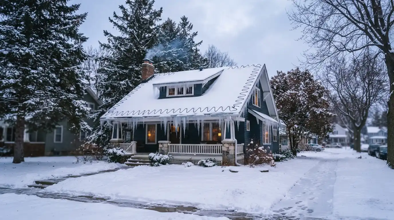Roof de-icing cable on a Grand Rapids home in winter