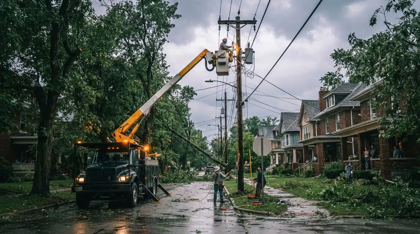 Line crews restoring power on a Grand Rapids street after a storm