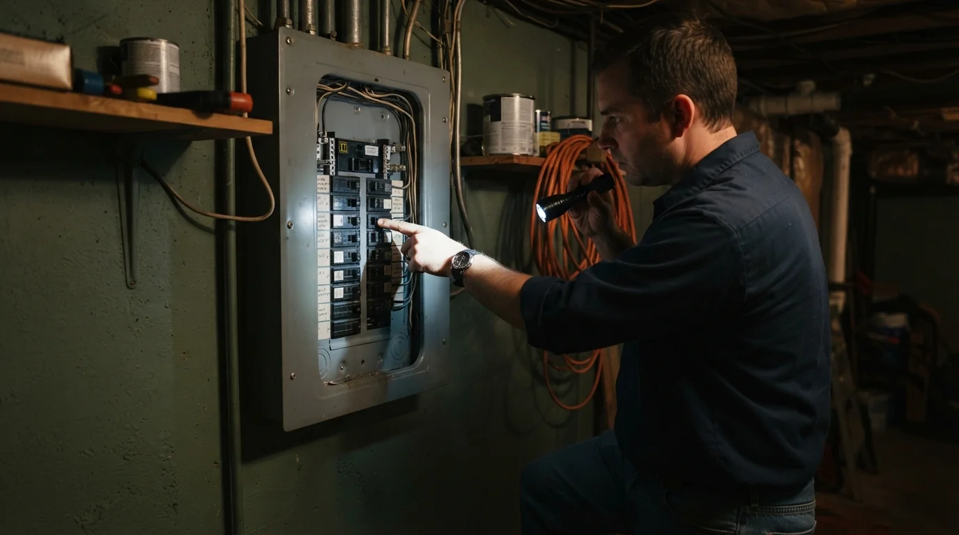 Homeowner resetting a tripped breaker in a Grand Rapids basement