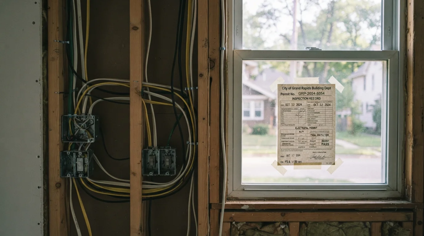 Electrical permit posted during a Grand Rapids remodel inspection