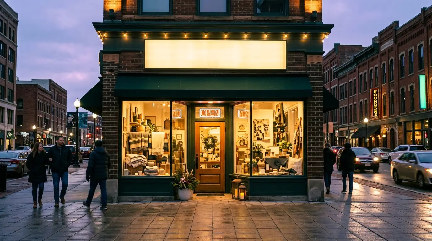 Storefront and sign lighting on a Grand Rapids street