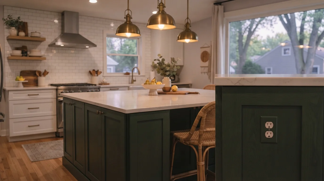 Kitchen island with pendant lights and code-compliant receptacle in a Grand Rapids remodel