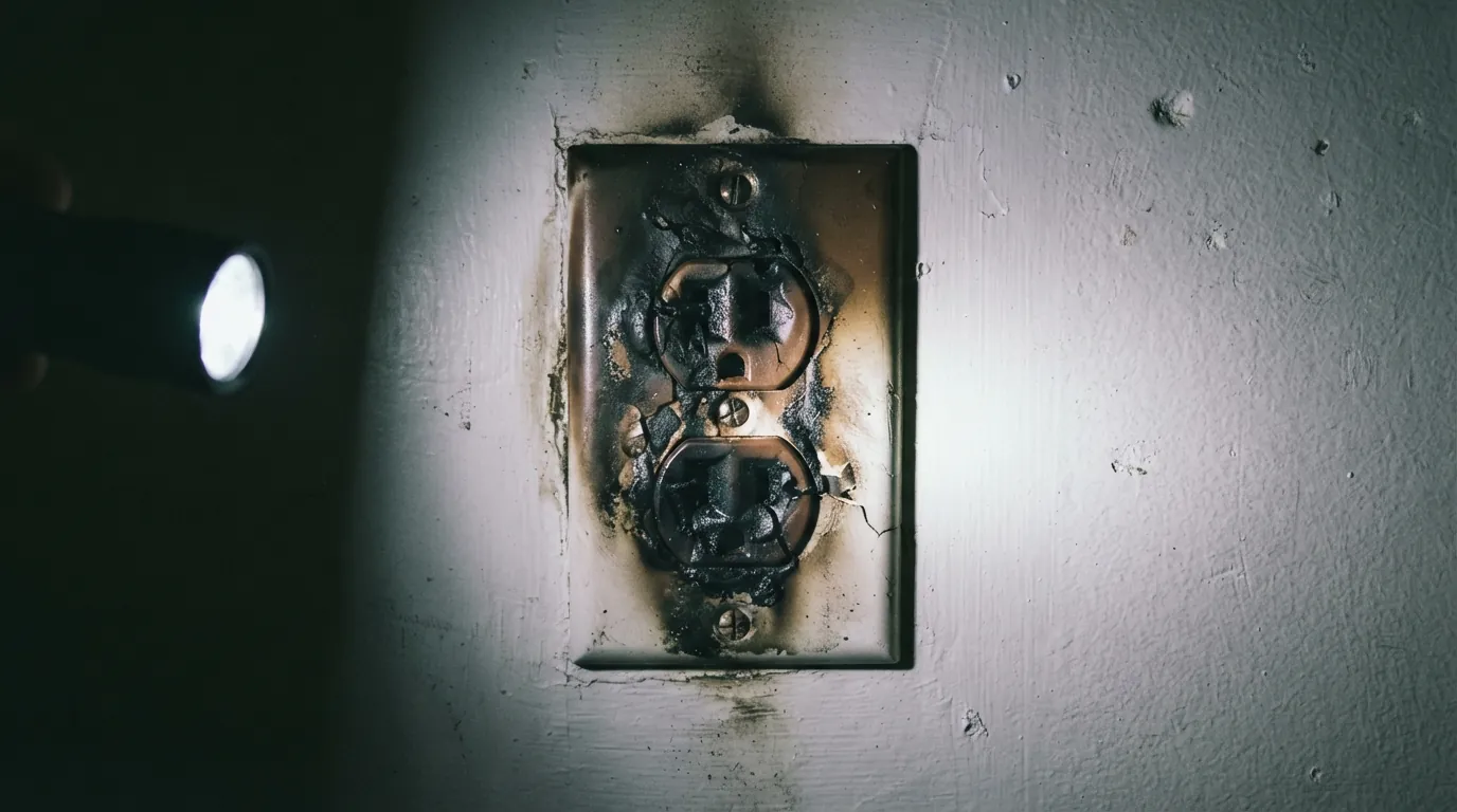 Scorched outlet found during a burning smell call in Grand Rapids