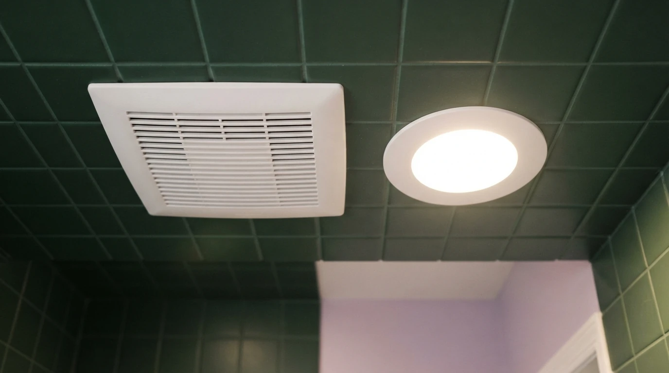 Newly installed bathroom exhaust fan grille in a tiled Grand Rapids bathroom