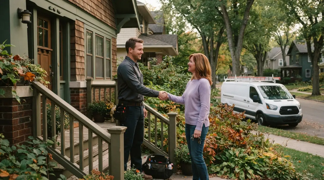 Electrician and homeowner on a Grand Rapids porch