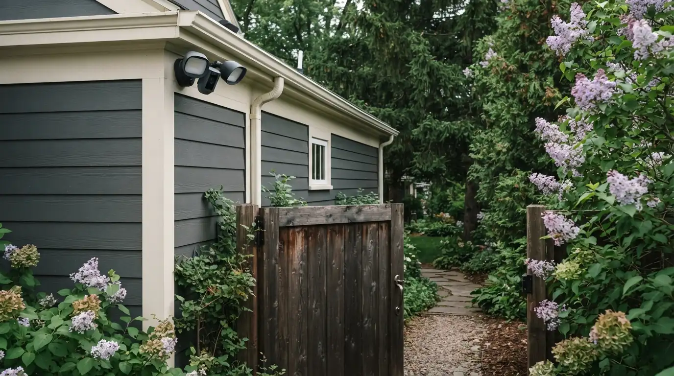 Camera floodlight installed over a side gate at a Grand Rapids home