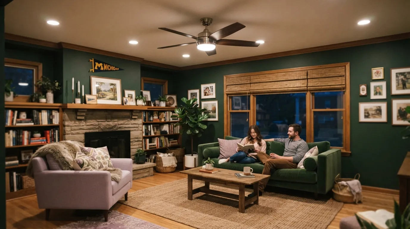 Living room lit by new recessed LED lights in a Grand Rapids home