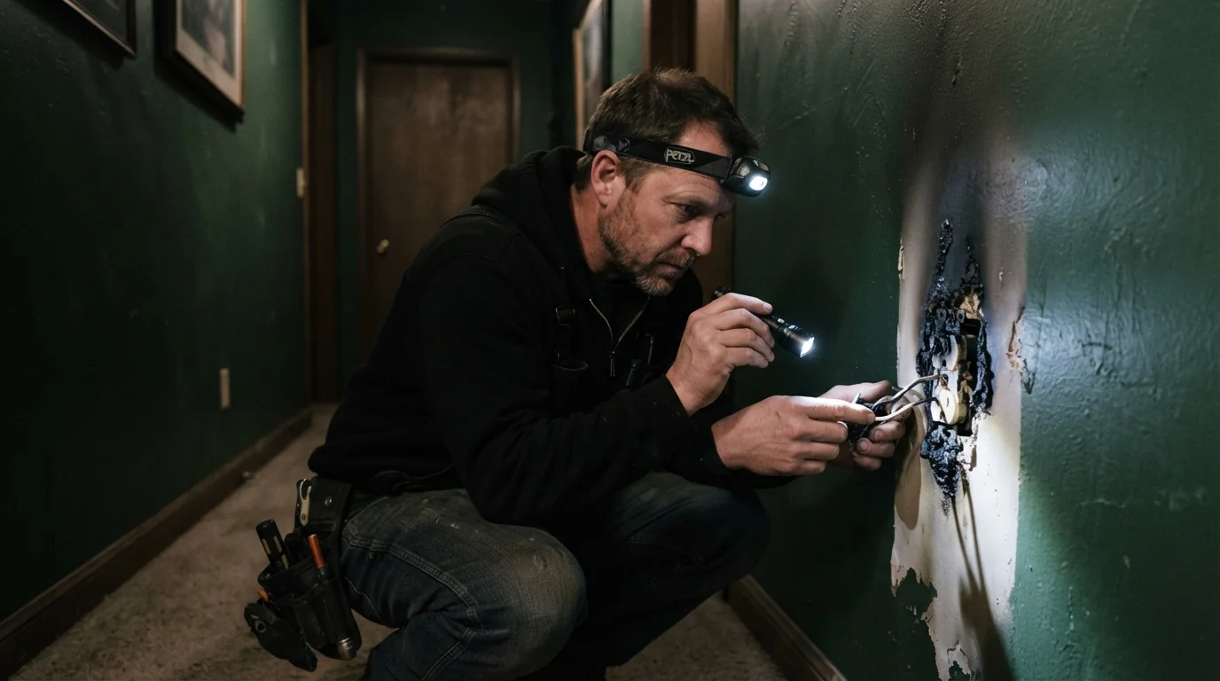 Electrician inspecting a scorched outlet at night in a Grand Rapids home