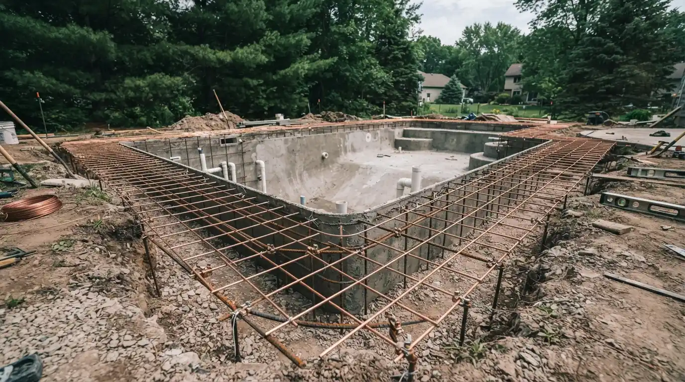 Pool bonding grid before the deck pour near Grand Rapids
