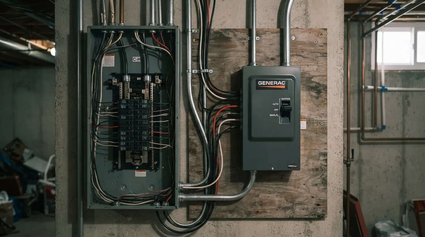 Generator transfer switch installed beside a main panel