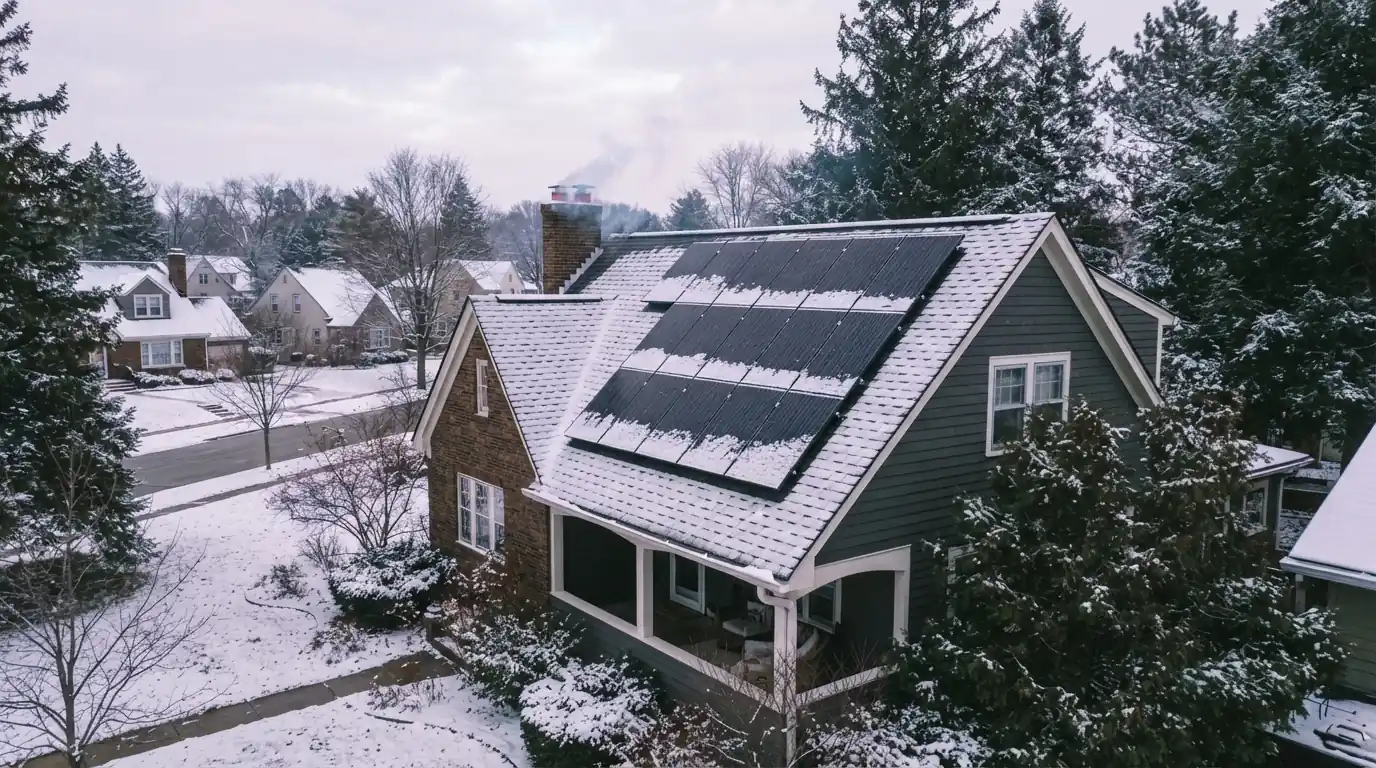 Rooftop solar on a Grand Rapids home in early winter