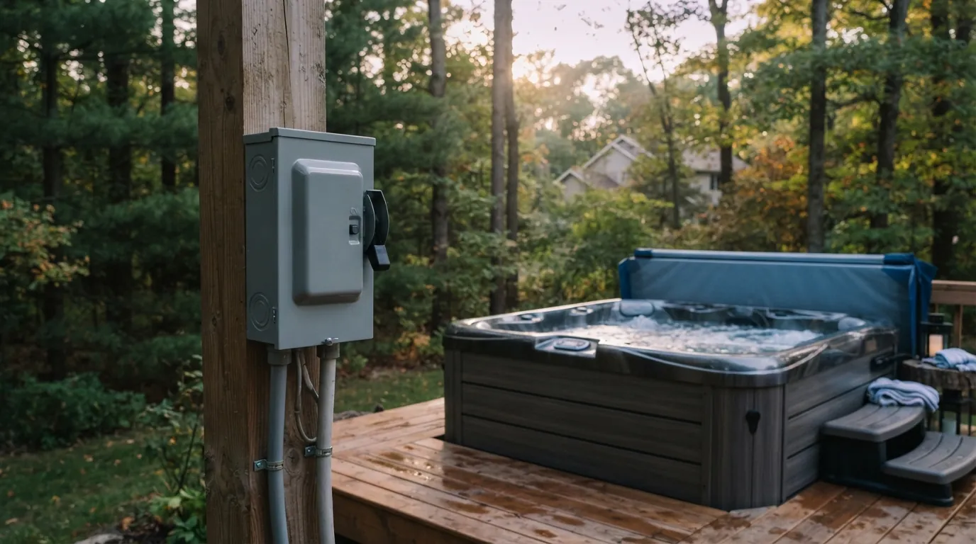 Spa disconnect mounted beside a hot tub in Grand Rapids