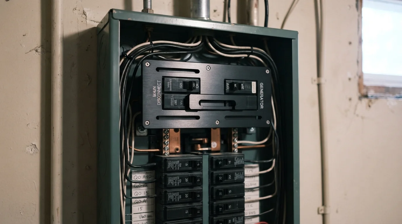 Generator interlock plate installed on a Grand Rapids breaker panel