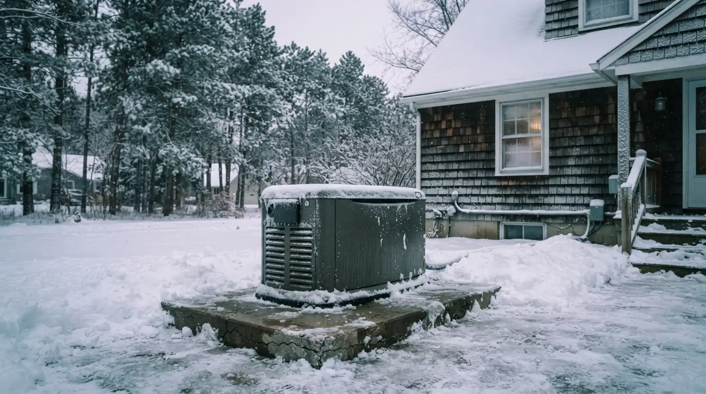 Standby generator running beside an iced-over Grand Rapids home