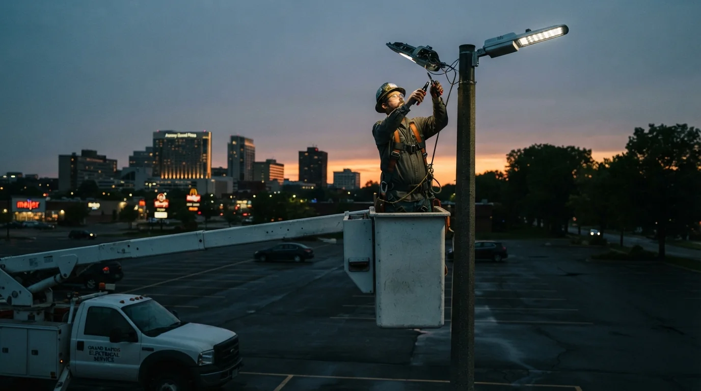 LED pole light retrofit in a Grand Rapids parking lot