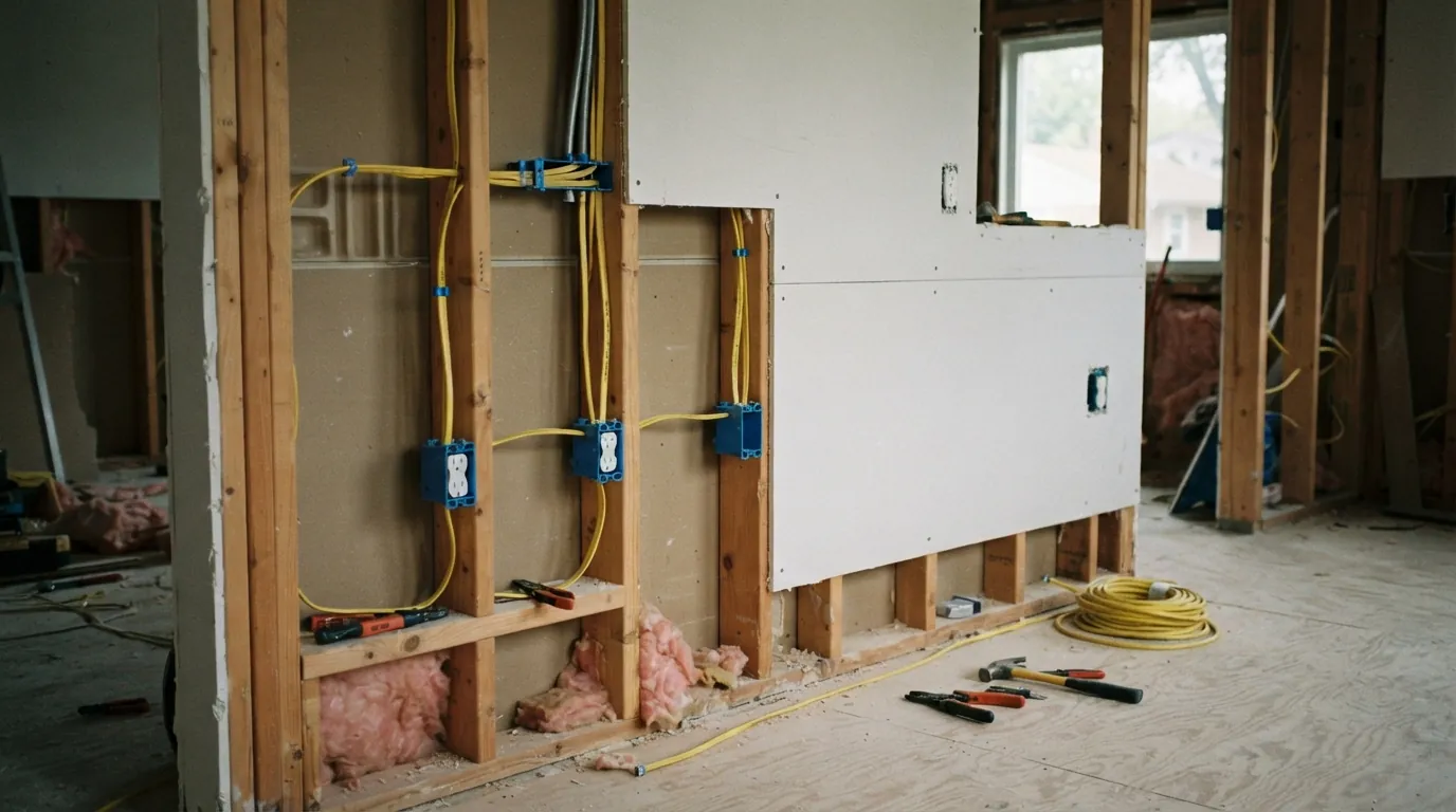 Kitchen remodel rough-in with new receptacle boxes at counter height in Grand Rapids