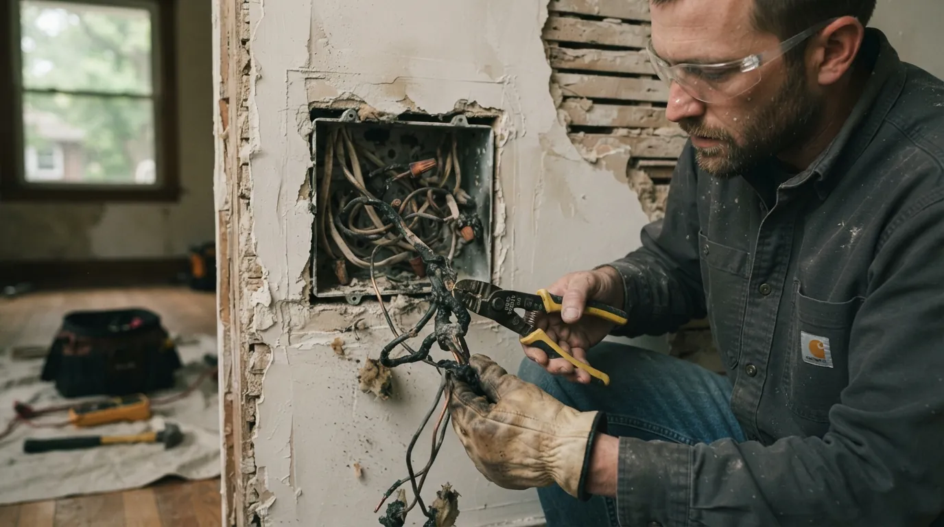 Melted wire insulation being repaired behind an outlet in Grand Rapids