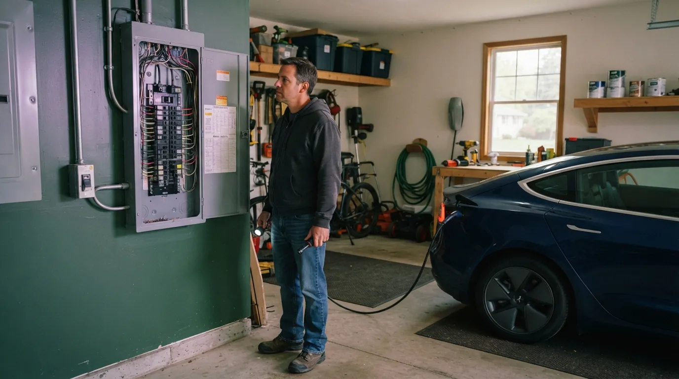 Homeowner checking a 100 amp panel before adding an EV charger in Grand Rapids