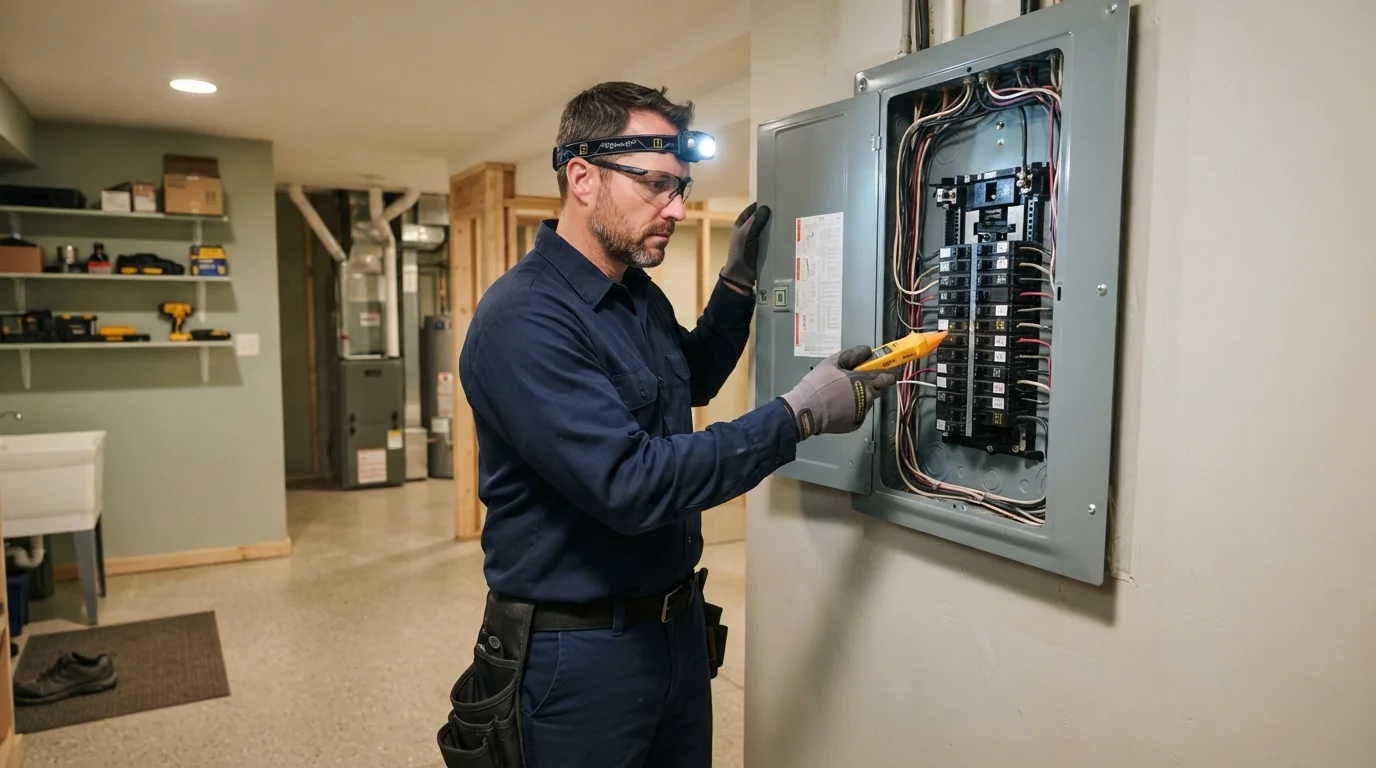 Electrician with tools beside an open panel in Grand Rapids