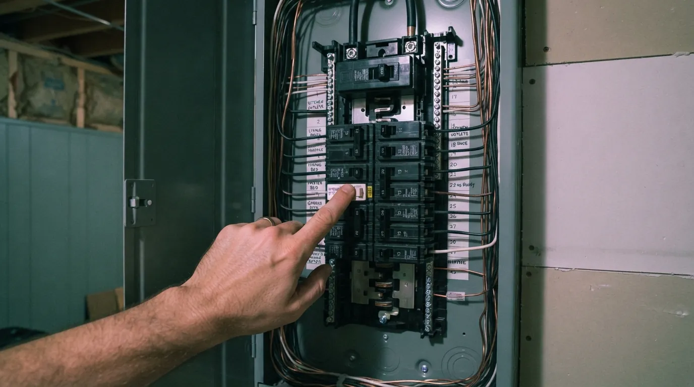 Hand pointing at a labeled breaker in a Grand Rapids panel