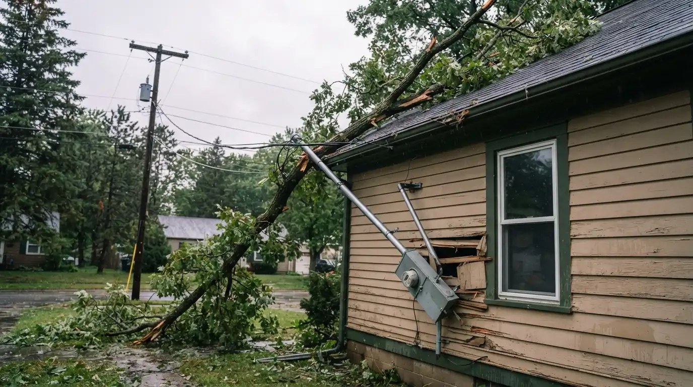 Storm-damaged service mast on a Grand Rapids home