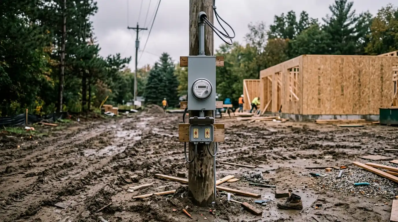 Temporary construction power pole on a lot near Grand Rapids